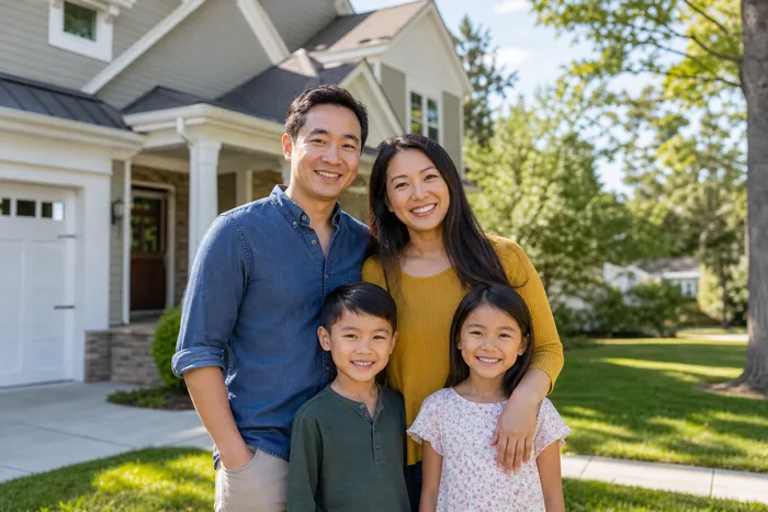 Happy family outside their home